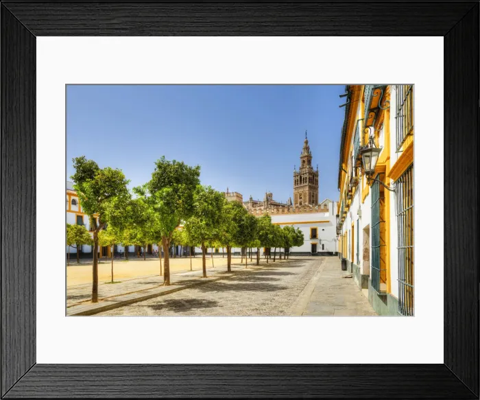 Framed Print : Court of Banderas with the Giralda tower of the Cathedral, UNESCO World Heritage Site Framed Print : Court of Banderas with the Giralda tower of the Cathedral, UNESCO World Heritage Site