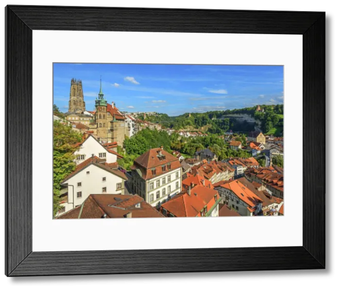 Framed Print : View over Fribourg with cathedral and town hall, Fribourg, Switzerland Framed Print : View over Fribourg with cathedral and town hall, Fribourg, Switzerland