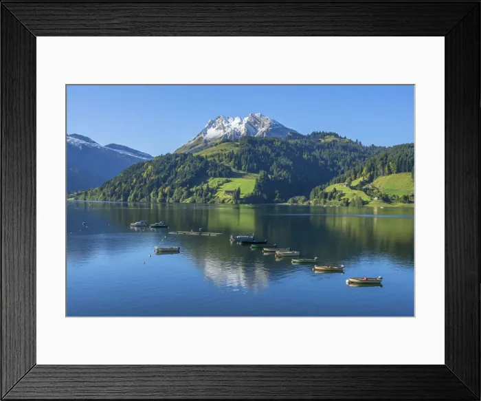 Framed Print : Fisher boats on Lake Wagital with Fluebrig mountain in the Glarner Alps at fall, Innerthal Framed Print : Fisher boats on Lake Wagital with Fluebrig mountain in the Glarner Alps at fall, Innerthal