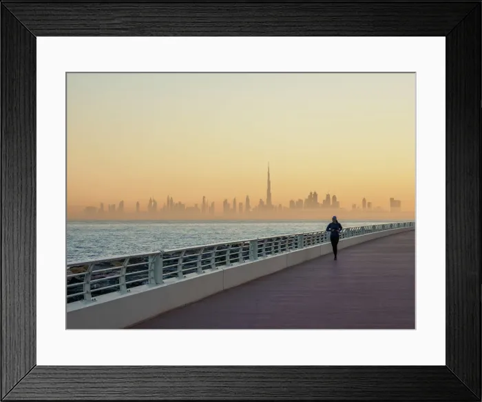 Framed Print : Palm Jumeirah Boardwalk and City Centre Skyline at sunrise, Dubai, United Arab Emirates