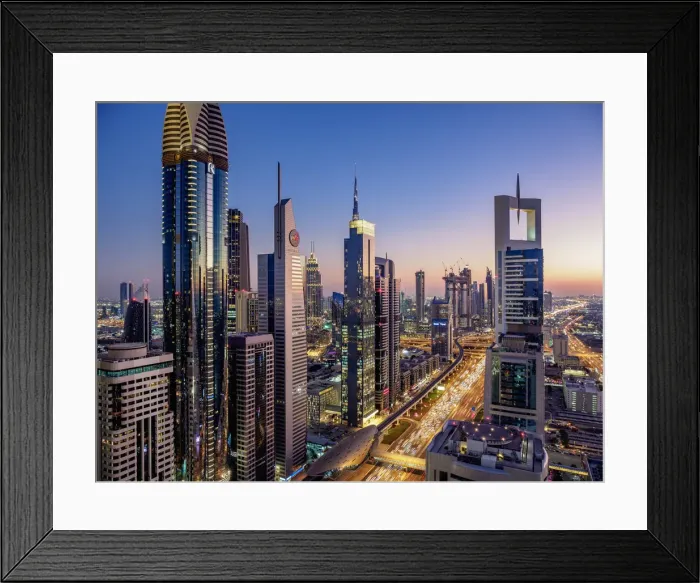 Framed Print : Dubai International Financial Centre at dusk, elevated view, Dubai, United Arab Emirates Framed Print : Dubai International Financial Centre at dusk, elevated view, Dubai, United Arab Emirates