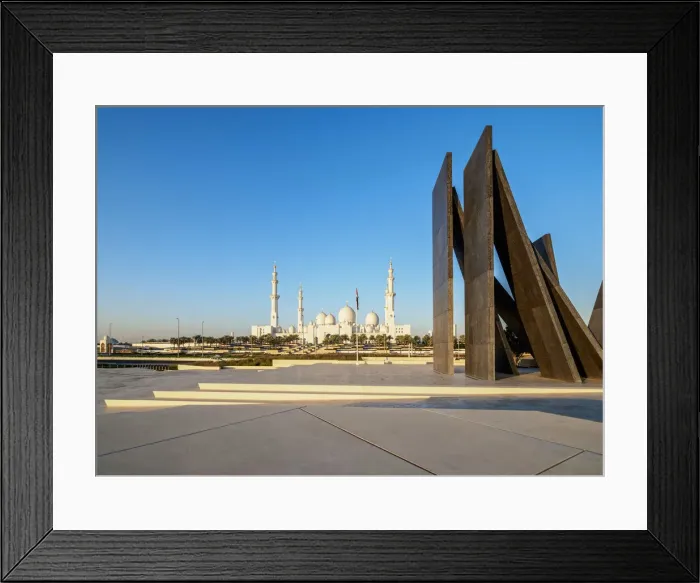Framed Print : Sheikh Zayed bin Sultan Al Nahyan Grand Mosque and Wahat Al Karama Monument at sunrise Framed Print : Sheikh Zayed bin Sultan Al Nahyan Grand Mosque and Wahat Al Karama Monument at sunrise