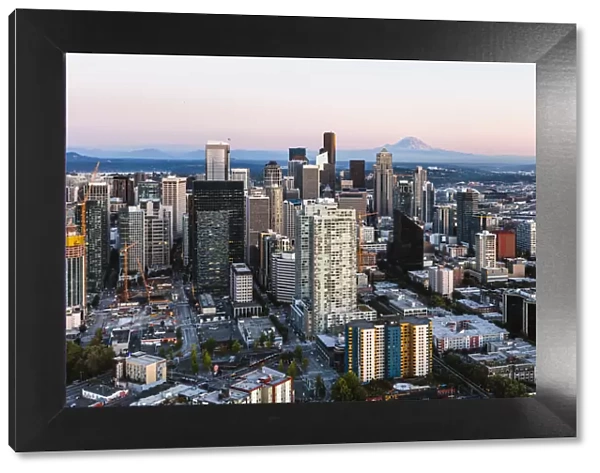 Aerial view of Seattle downtown skyline at sunset, Seattle, Washington, USA