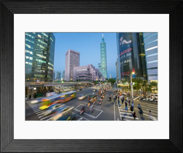 Framed Print : Taiwan, Taipei, traffic in front of Taipei 101 at a busy downtown intersection in Framed Print : Taiwan, Taipei, traffic in front of Taipei 101 at a busy downtown intersection in