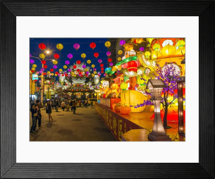 Framed Print : Taiwan, Taipei, Songshan District, Street decorations outside Ciyou Temple