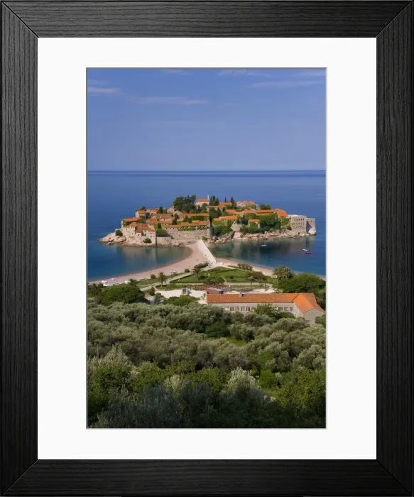 Framed Print : Island of Sveti Stefan & Adriatic Sea, Budva Riviera, Montenegro Framed Print : Island of Sveti Stefan & Adriatic Sea, Budva Riviera, Montenegro