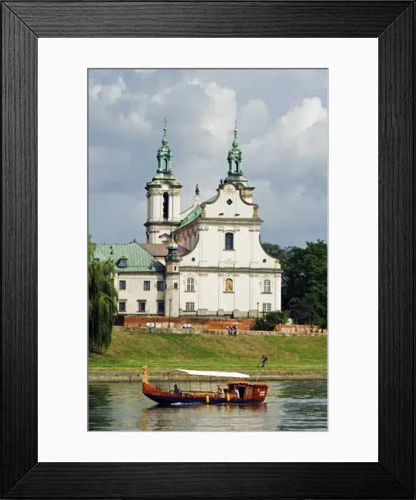 Framed Print : Church overlooking Boat on Vistula River, Krakow, Poland Framed Print : Church overlooking Boat on Vistula River, Krakow, Poland