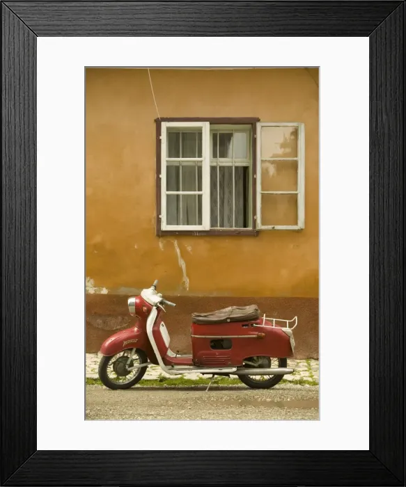 Framed Print : Red moped, Sighisoara, Transylvania, Romania