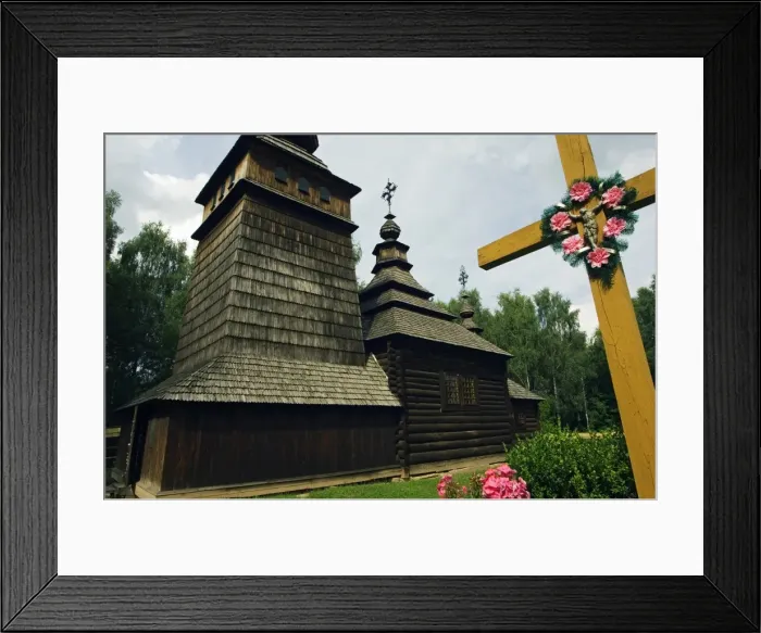 Framed Print : Traditional Wooden Church and Crucifix Framed Print : Traditional Wooden Church and Crucifix