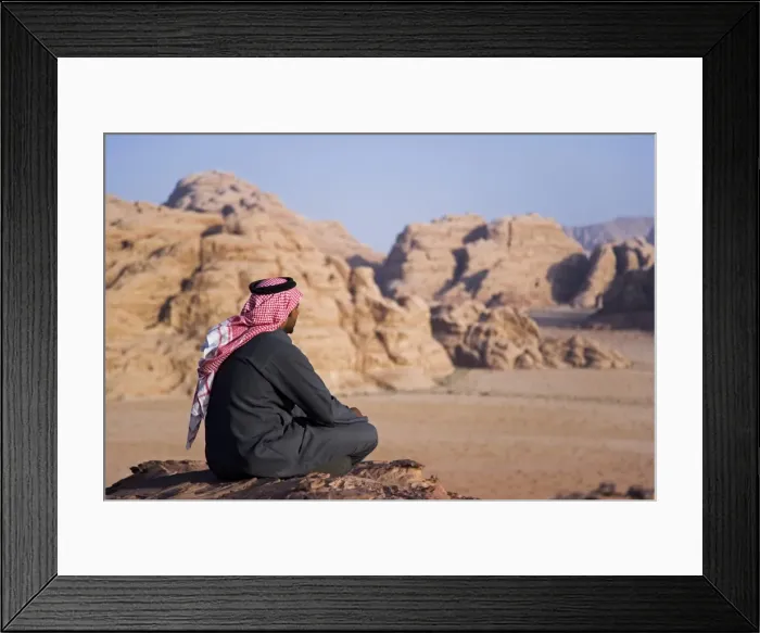 Framed Print : A local bedouin man looks out over Wadi Rum, Jordan (MR) Framed Print : A local bedouin man looks out over Wadi Rum, Jordan (MR)