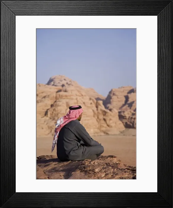 Framed Print : A local bedouin man looks out over Wadi Rum, Jordan (MR) Framed Print : A local bedouin man looks out over Wadi Rum, Jordan (MR)