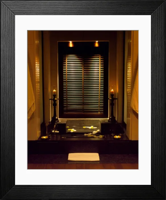 Framed Print : The sunken bath is filled with flowers and flanked Framed Print : The sunken bath is filled with flowers and flanked
