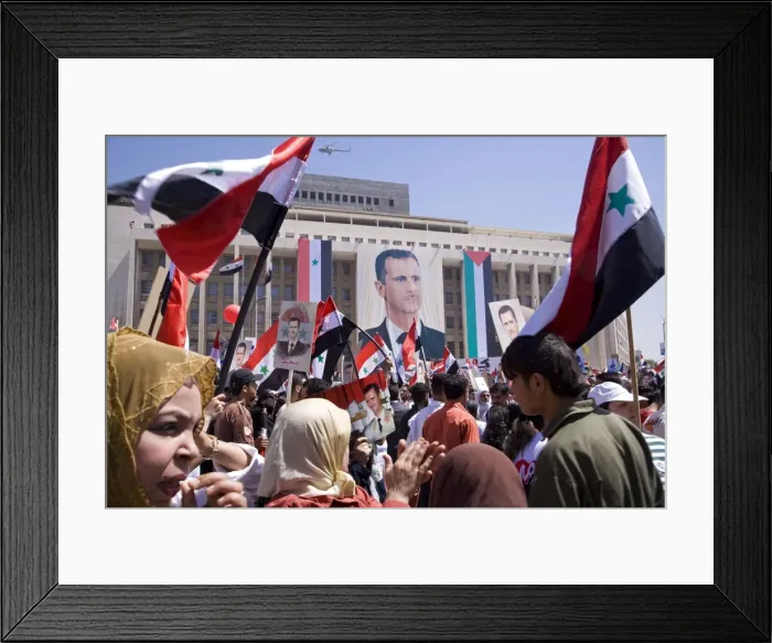Framed Print : Supporters at a rally in downtown Damascus endorsing