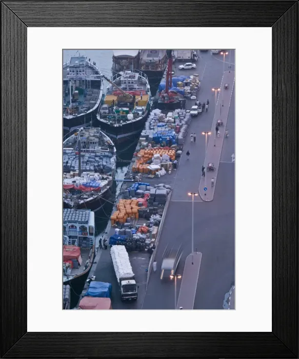 Framed Print : UAE, Dubai, Deira, Aerial View of Dhow Wharves Framed Print : UAE, Dubai, Deira, Aerial View of Dhow Wharves