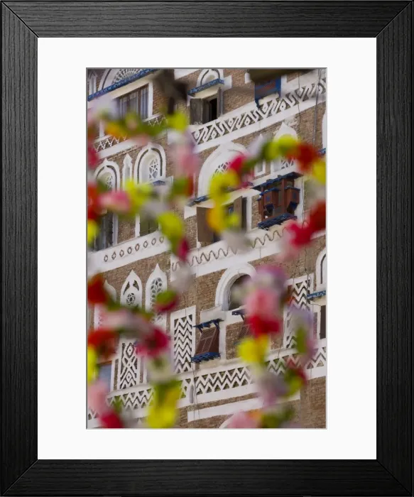 Framed Print : Frontage of buildings & floral decorations, Sana a, Yemen Framed Print : Frontage of buildings & floral decorations, Sana a, Yemen