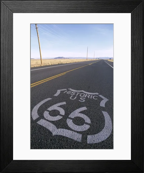 Framed Print : Route 66 Sign on Empty Road / Historic Route 66 Highway Framed Print : Route 66 Sign on Empty Road / Historic Route 66 Highway
