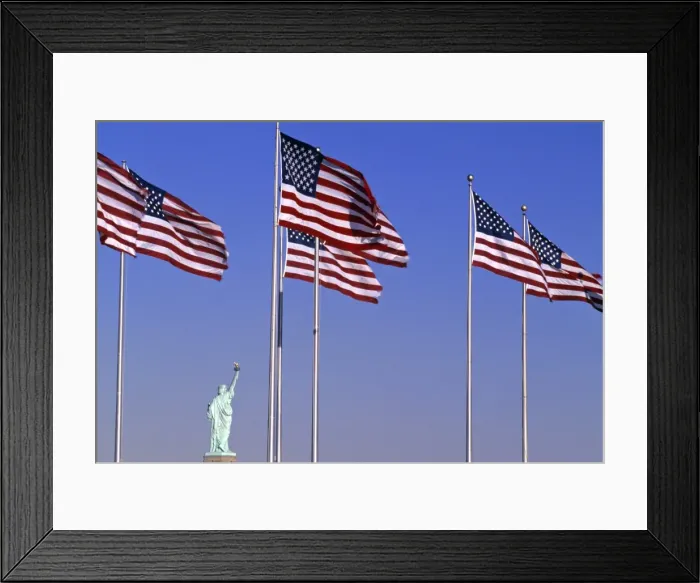 Framed Print : Statue of Liberty and US Flags Framed Print : Statue of Liberty and US Flags