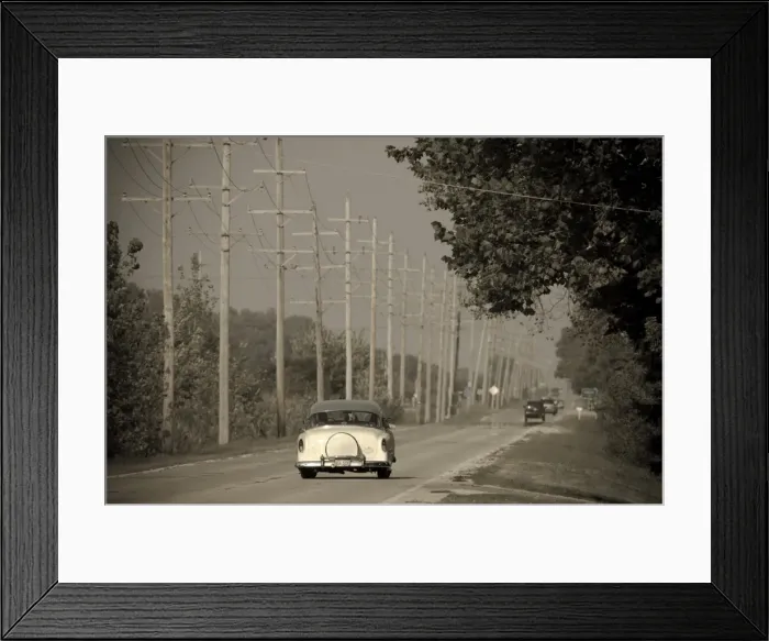 Framed Print : USA, Illinois, Route 66 at Godley, 1950s car Framed Print : USA, Illinois, Route 66 at Godley, 1950s car