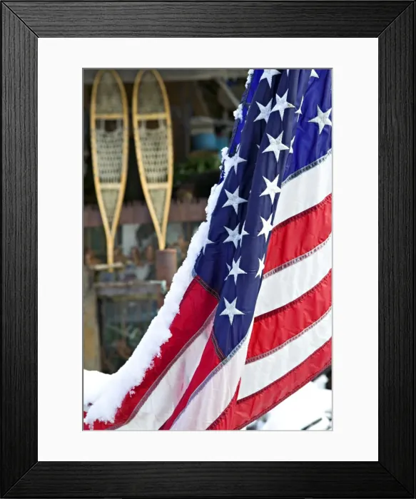 Framed Print : Snowshoes and flag, Trapper Creek, Alaska, USA Framed Print : Snowshoes and flag, Trapper Creek, Alaska, USA