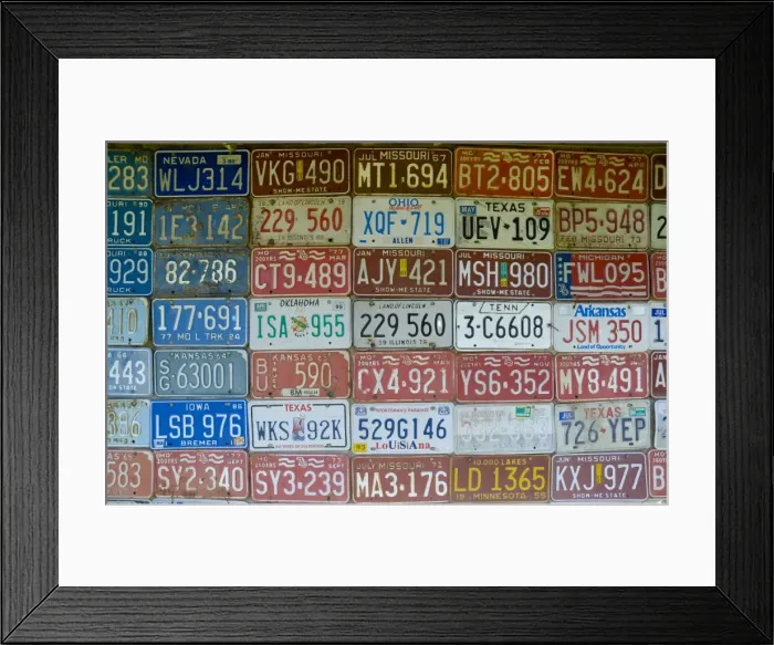 Framed Print : USA, Missouri, Route 66, near Carthage, Car number plates Framed Print : USA, Missouri, Route 66, near Carthage, Car number plates
