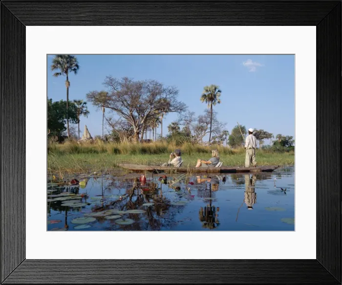 Framed Print : A boatman in his mokoro dug-out canoe takes tourists