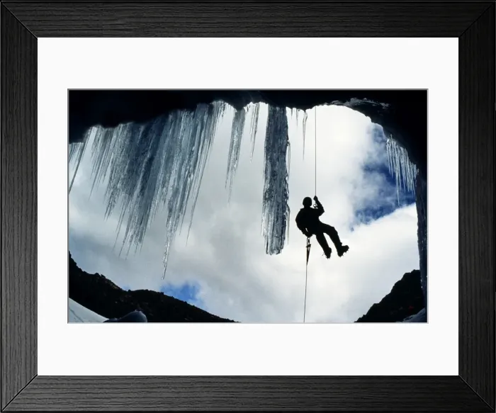 Framed Print : Climber abseiling over the mouth of an ice cave, Lewis Glacier Framed Print : Climber abseiling over the mouth of an ice cave, Lewis Glacier