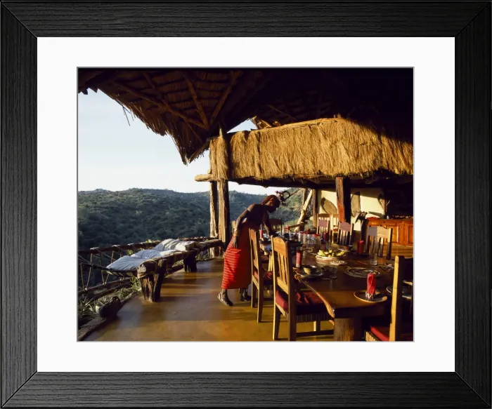 Framed Print : Breakfast laid in the open-fronted dining room at Sabuk Framed Print : Breakfast laid in the open-fronted dining room at Sabuk