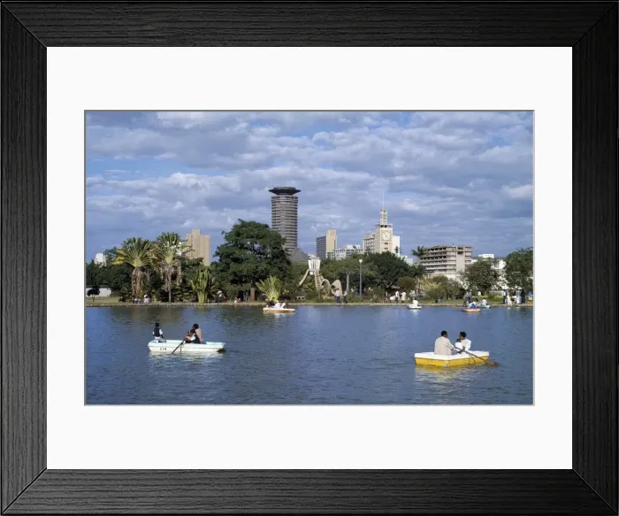 Framed Print : The Nairobi skyline from Uhuru Park where city residents Framed Print : The Nairobi skyline from Uhuru Park where city residents