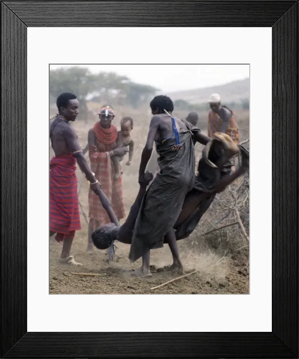 Framed Print : A Samburu youth is forcibly restrained after throwing Framed Print : A Samburu youth is forcibly restrained after throwing