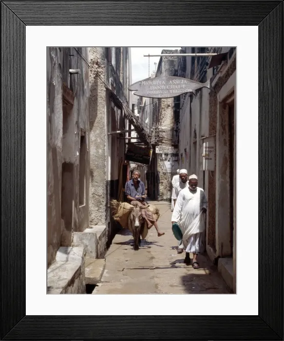 Framed Print : A man rides a donkey in one of the narrow streets of Lamu town