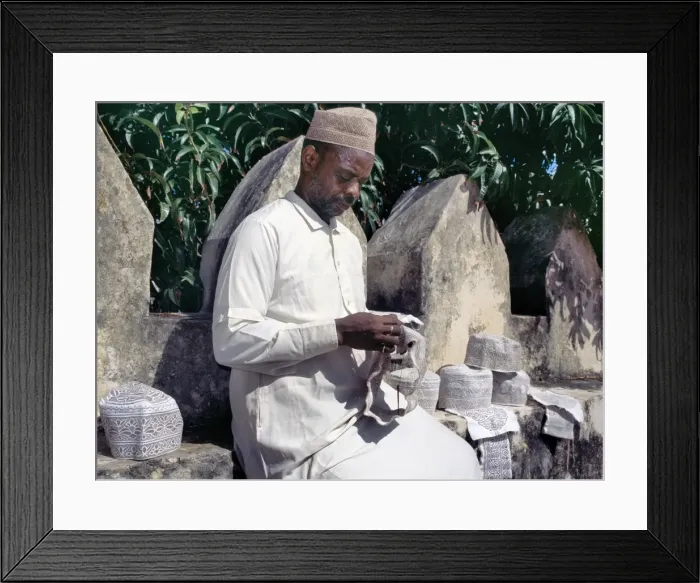 Framed Print : A man embroiders Swahili hats Framed Print : A man embroiders Swahili hats