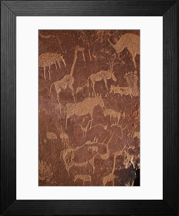 Framed Print : Overview of Bushman petroglyphs near caves formations Framed Print : Overview of Bushman petroglyphs near caves formations