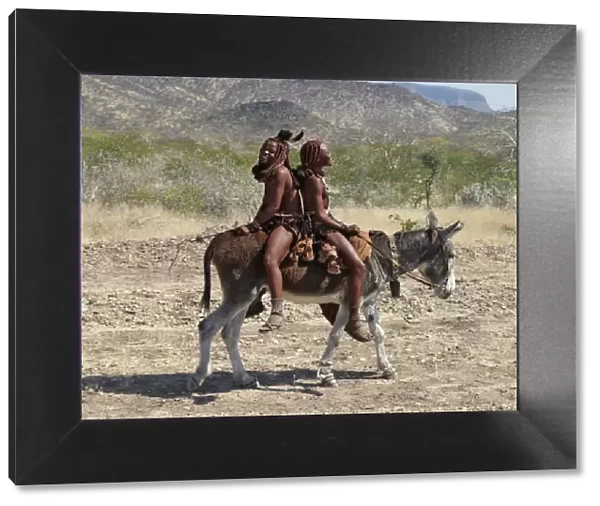 Two happy Himba girls ride a donkey to market