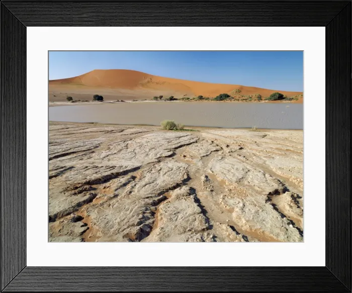 Framed Print : A rainwater pan forms at the base of Sossusvlei in Framed Print : A rainwater pan forms at the base of Sossusvlei in