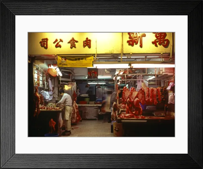 Framed Print : Early morning activity in a chinese butchery in Framed Print : Early morning activity in a chinese butchery in