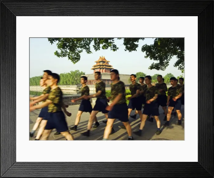 Framed Print : Early morning exercises for soldiers in front of Framed Print : Early morning exercises for soldiers in front of
