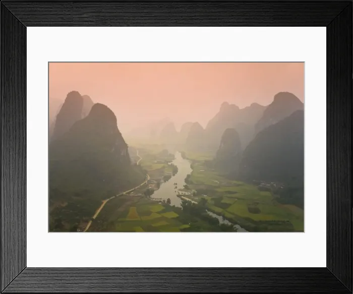 Framed Print : Karst Mountain Landscape & Li River from hot air balloon Framed Print : Karst Mountain Landscape & Li River from hot air balloon