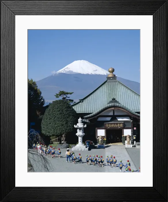Framed Print : Mount Fuji / Temple & School Children, Honshu, Japan Framed Print : Mount Fuji / Temple & School Children, Honshu, Japan