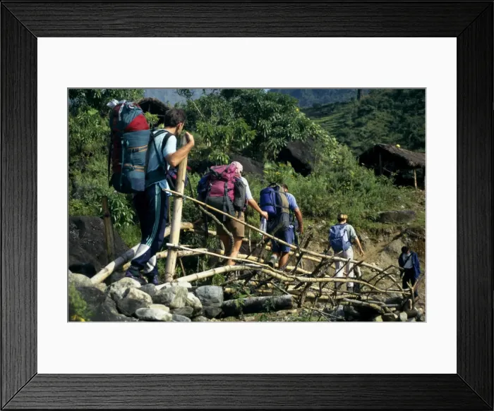Framed Print : Trekkers crossing temporary bridge Framed Print : Trekkers crossing temporary bridge