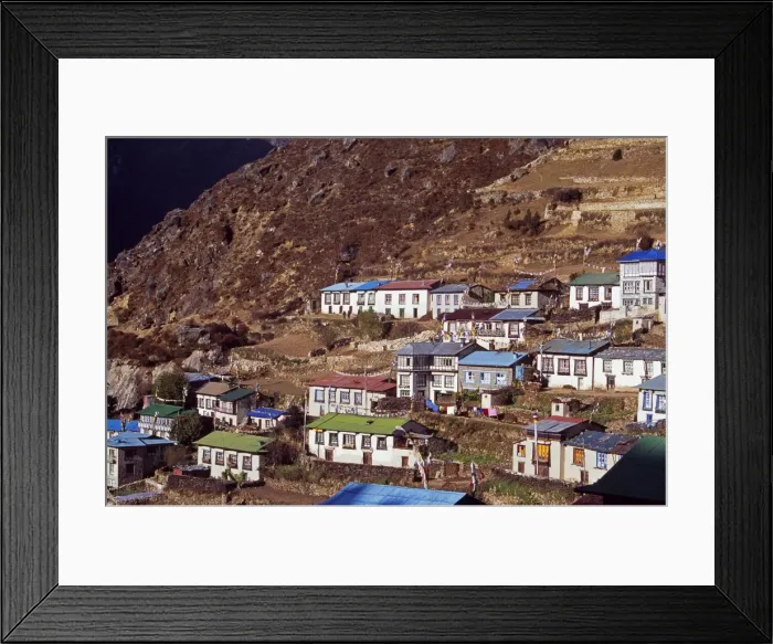 Framed Print : Brightly painted roofs of the tightly packed houses in Namche Bazaar Framed Print : Brightly painted roofs of the tightly packed houses in Namche Bazaar