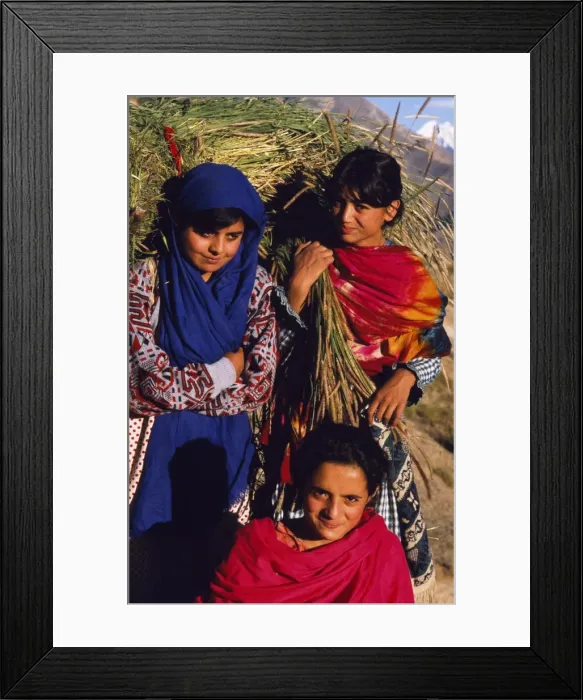 Framed Print : Burusho girls return home with fodder for their livestock in the Hunza Valley Framed Print : Burusho girls return home with fodder for their livestock in the Hunza Valley