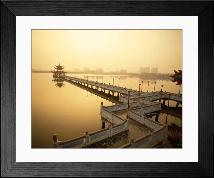 Framed Print : Lotus Lake  /  Nine Cornered Bridge & Wuli Pagoda  /  Dawn  /  Sunrise