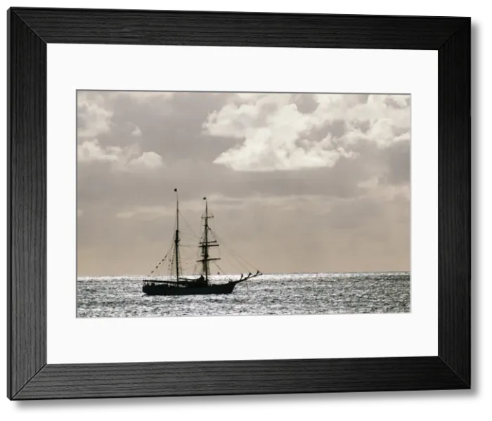 Framed Print : A sailing ship anchored in front of Hanga Roa Framed Print : A sailing ship anchored in front of Hanga Roa