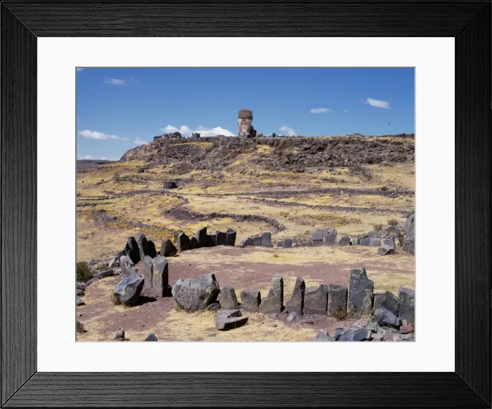 Framed Print : Stone circle & chullpas mark ceremonial Inca burial grounds Framed Print : Stone circle & chullpas mark ceremonial Inca burial grounds