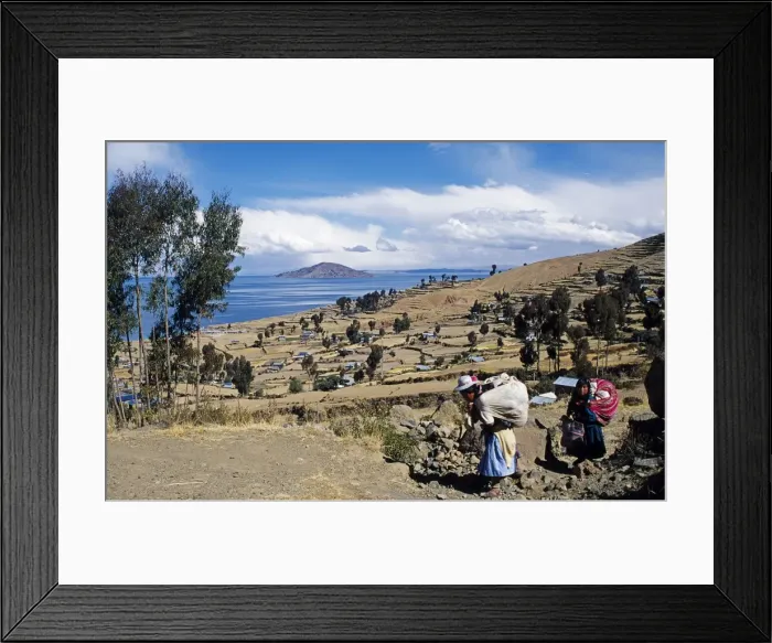 Framed Print : Well tended terraces of Amantani Island with Taquile Island in the background Framed Print : Well tended terraces of Amantani Island with Taquile Island in the background