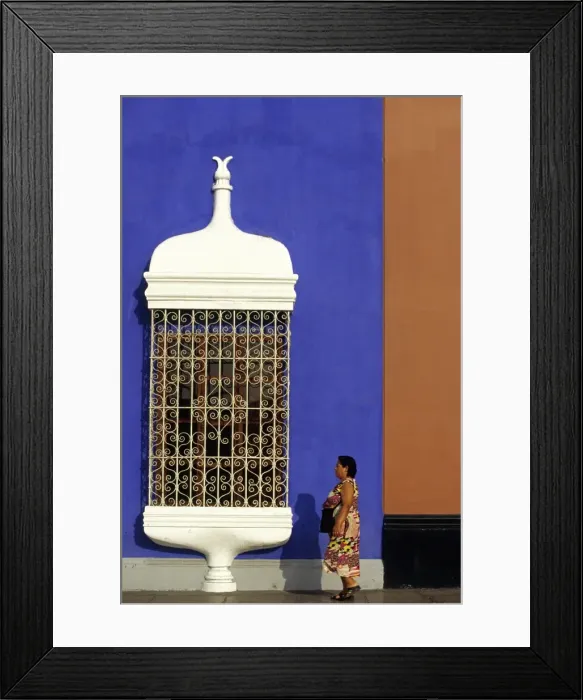 Framed Print : A woman passes the wrought iron grillwork and pastel Framed Print : A woman passes the wrought iron grillwork and pastel