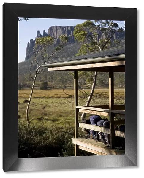 Backpacks lined up on the balcony of New Pelion Hut on the Overland Track