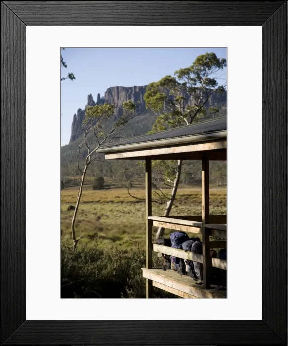 Framed Print : Backpacks lined up on the balcony of New Pelion Hut on the Overland Track Framed Print : Backpacks lined up on the balcony of New Pelion Hut on the Overland Track