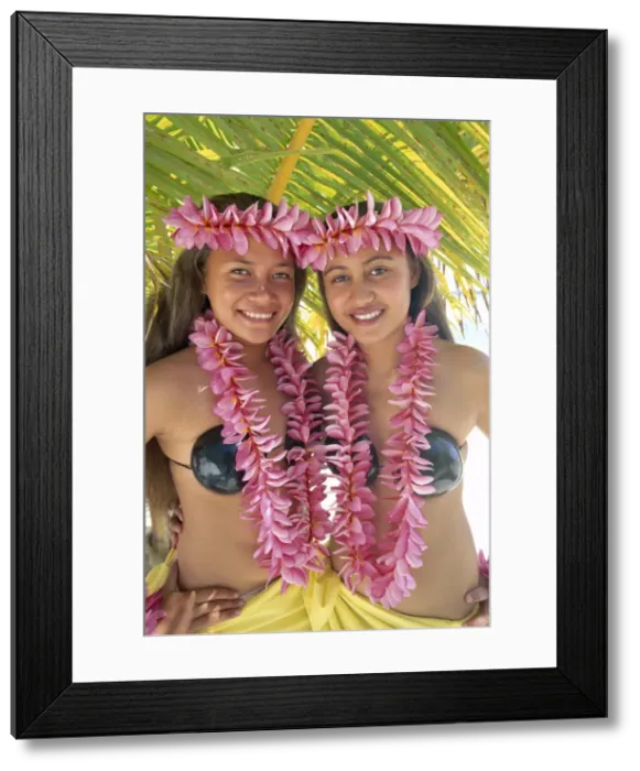 Framed Print : Polynesian Girls Dressed in Traditional Costume with Leis Framed Print : Polynesian Girls Dressed in Traditional Costume with Leis