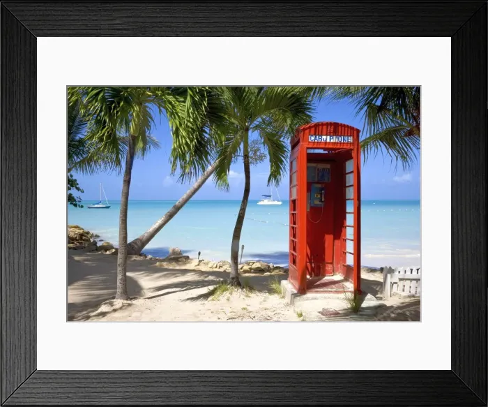 Framed Print : Caribbean, Antigua, Dickenson Bay, English red telephone box Framed Print : Caribbean, Antigua, Dickenson Bay, English red telephone box